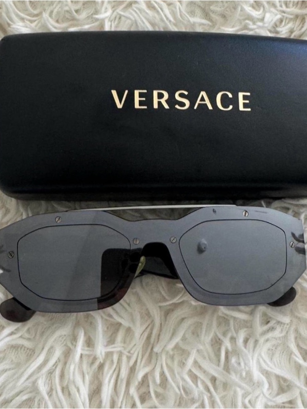 Authentic Versace Grey Smoke Shield Sunglasses with Gold Accents